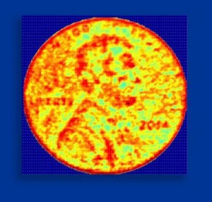 A 3D image produced by the new NCI chip. The image, taken from roughly half a meter (1.5 feet) away, shows the height of a US penny at various points. Credit: Ali Hajimiri/Caltech 